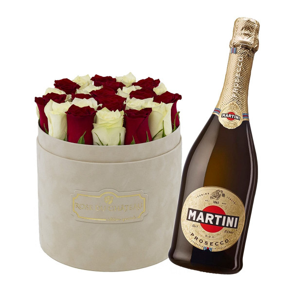 Zestaw Specjalny - Beżowy Flokowany Flowerbox z Białymi & Czerwonymi Różami Żywymi