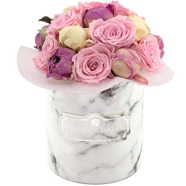 Pink Pastel Wieczne Piwonie Bouquet w Marmurowym Boxie