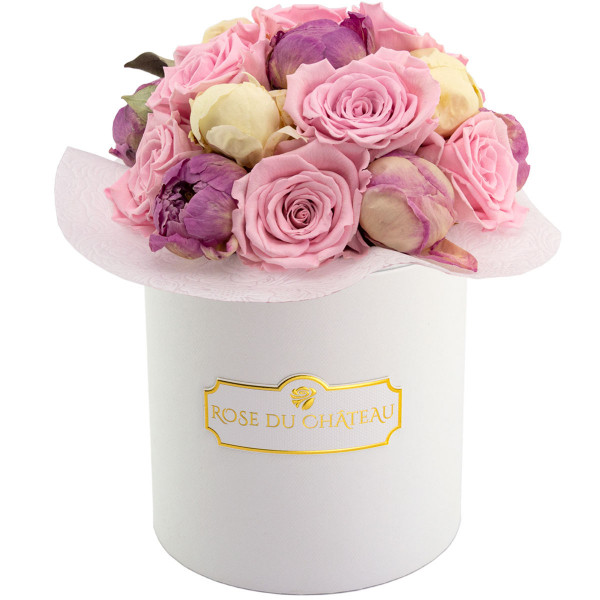 Pink Pastel Wieczne Piwonie Bouquet w Białym Boxie