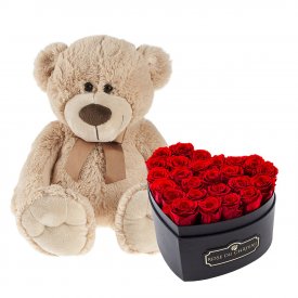 Miś & Czarny Box Heart z Czerwonymi Różami Wiecznymi
