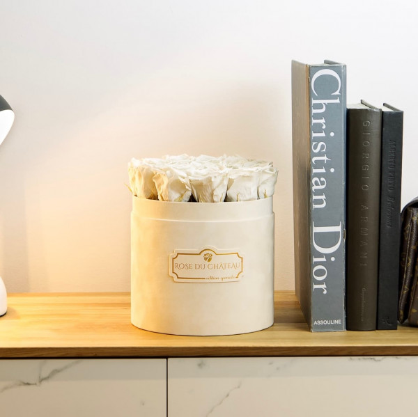 Rose eterne bianche in flowerbox floccato beige