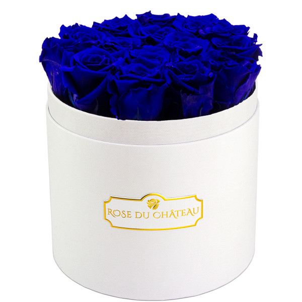Rose eterne blu in flowerbox tondo bianco