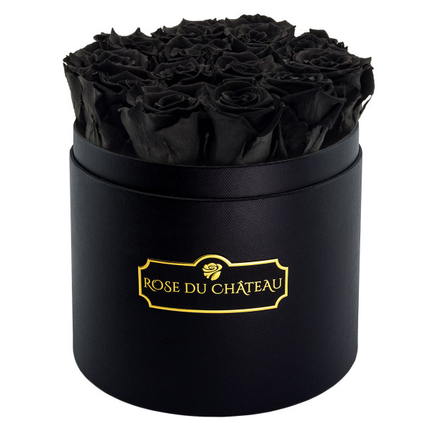 Schwarze Ewige Rosen in schwarzer Rundbox