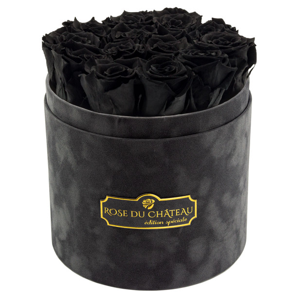 Schwarze Ewige Rosen in anthrazitfarbener Beflockter Rosenbox