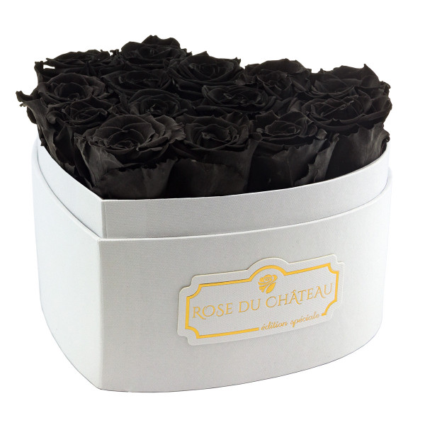 Schwarze Ewige Rosen in weißer Herzbox