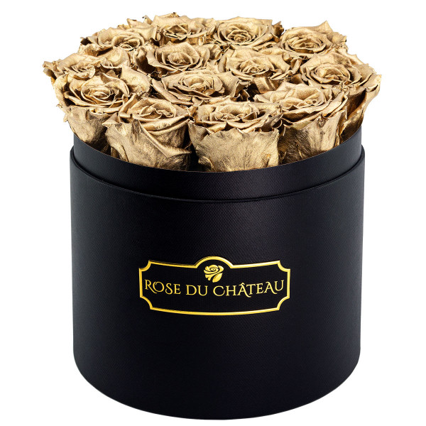 Goldene Ewige Rosen in schwarzer Rundbox