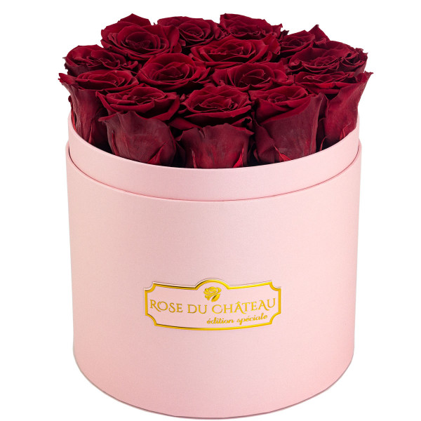 Rote Ewige Rosen in rosafarbener Rosenbox