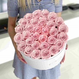 Zartrosafarbene Ewige Rosen in weißer Rosenbox Mega
