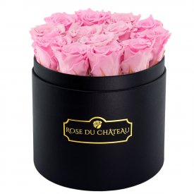 Zartrosafarbene Ewige Rosen in schwarzer Rundbox