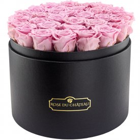 Zartrosafarbene Ewige Rosen in schwarzer Rosenbox Mega