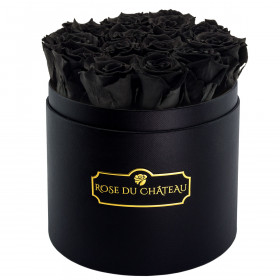 Schwarze Ewige Rosen in schwarzer Rundbox