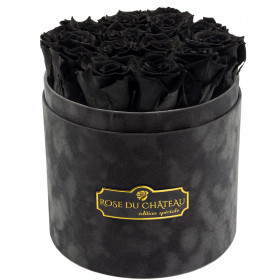 Schwarze Ewige Rosen in anthrazitfarbener Beflockter Rosenbox