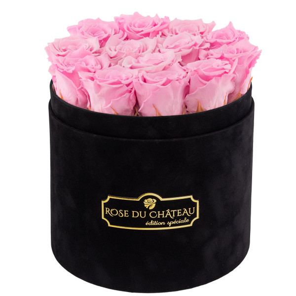 Eternity Pale Pink Roses & Round Black Flocked Flowerbox