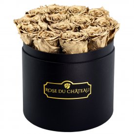 Eternity Golden Roses & Round Black Flowerbox