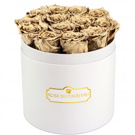 Eternity Golden Roses & Round White Flowerbox