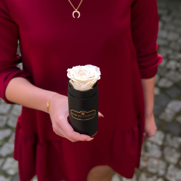 Bílá věčná růže v černém mini flowerboxu 