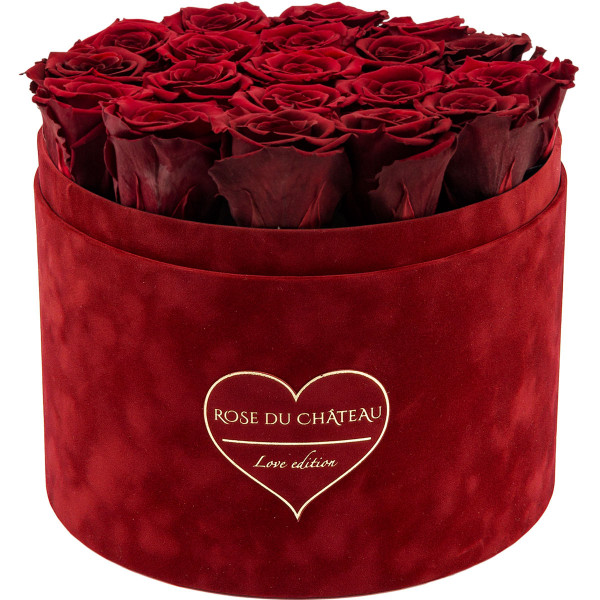 Červené věčné růže ve velkém růžovém semišovém flowerboxu - LOVE EDITION