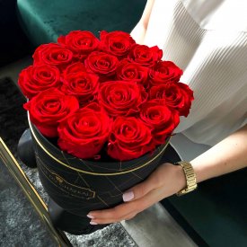 Červené věčné růže v černém industrial flowerboxu