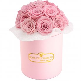 Růžové věčné růže bouquet v malém RŮŽOVÉM flowerboxu