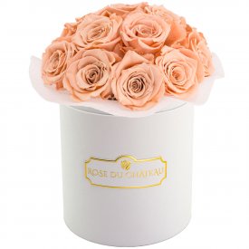 Čajové věčné růže bouquet v bílém flowerboxu