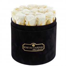 BÍLÉ věčné růže v černém kulatém flowerboxu