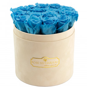 Modré věčné růže v béžovém semišovém flowerboxu