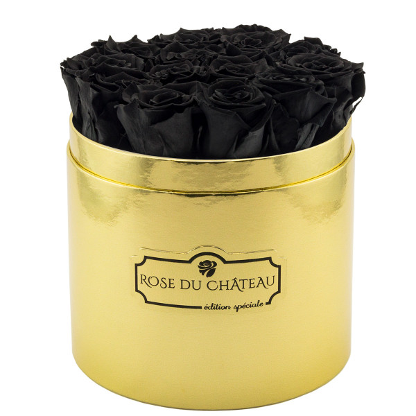 Schwarze Ewige Rosen in goldener Rosenbox
