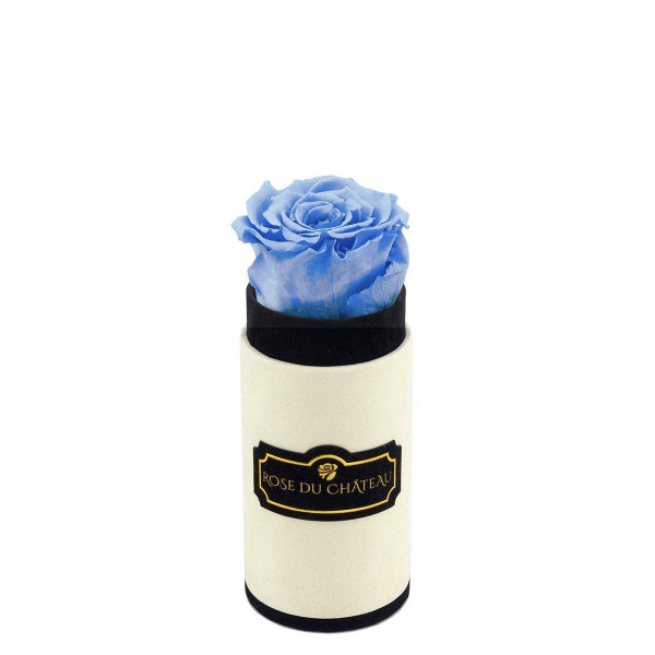Azurblaue Ewige Rose in weißer marmorierter Mini Rundbox