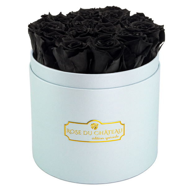 Schwarze Ewige Rosen in azurblauer Rosenbox