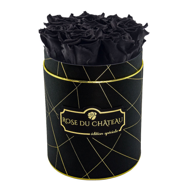 Schwarze Ewige Rosen in schwarzer industriel Rundbox Small