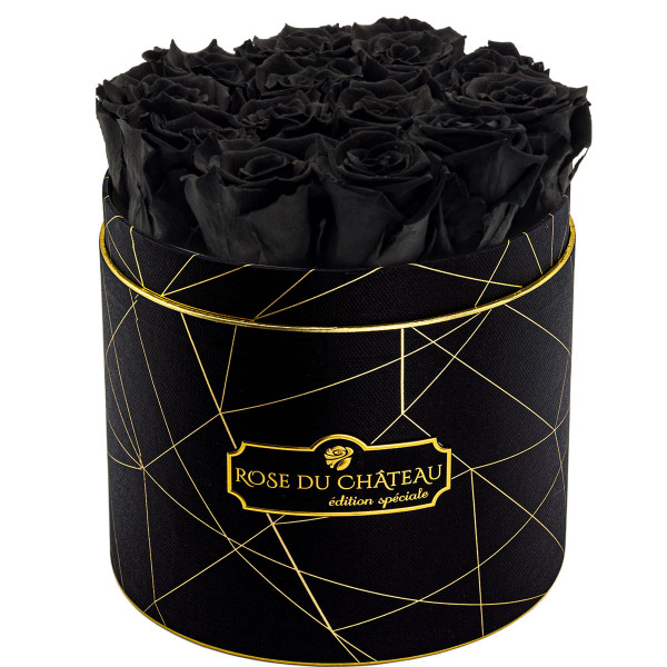 Schwarze Ewige Rosen in schwarzer Industrial Rosenbox