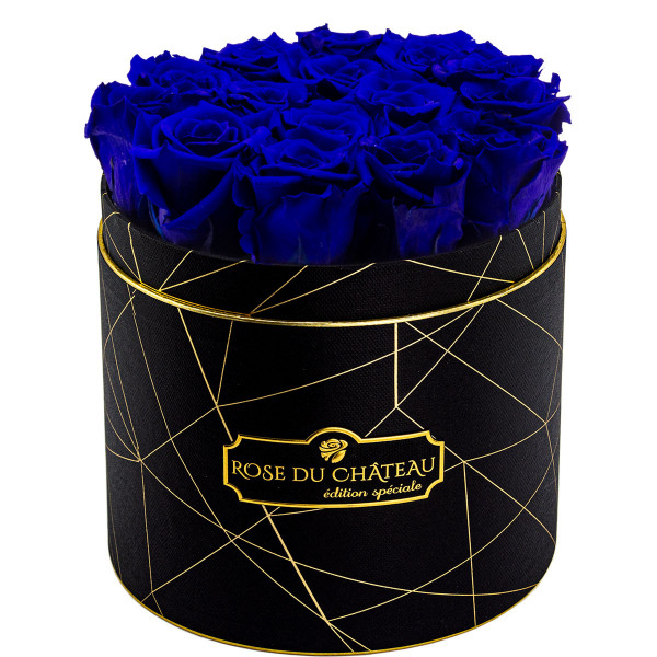 Blaue Ewige Rosen in schwarzer Industrial Rosenbox