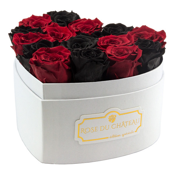 Schwarze & Rote Ewige Rosen in weißer Herzbox