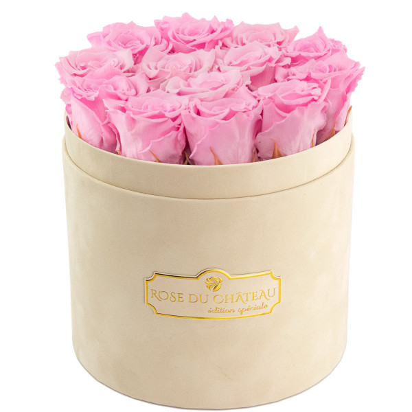 Zartrosafarbene Ewige Rosen in beigefarbiger Beflockter Rosenbox