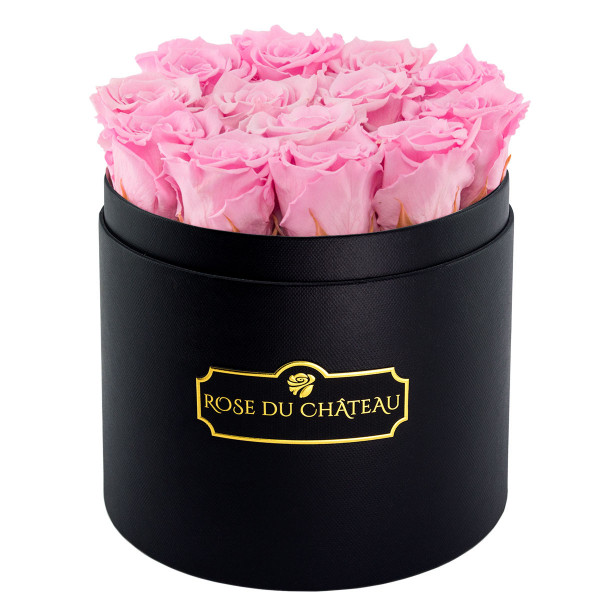 Zartrosafarbene Ewige Rosen in schwarzer Rundbox