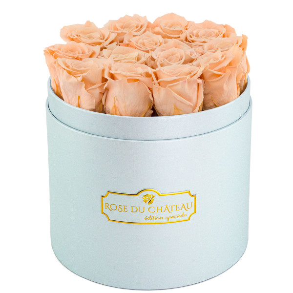 Teefarbene Ewige Rosen in azurblauer Rosenbox