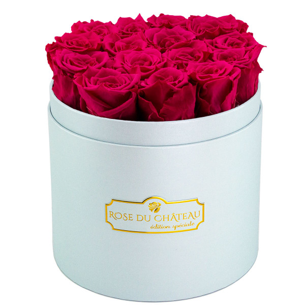 Rosa Ewige Rosen in azurblauer Rosenbox