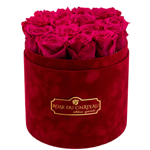 Blassrosa Ewige Rosen in bordeauxroter Beflockter Rosenbox