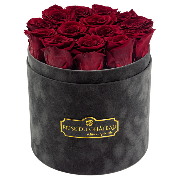 Rote Ewige Rosen anthrazitfarbener beflockter Rosenbox