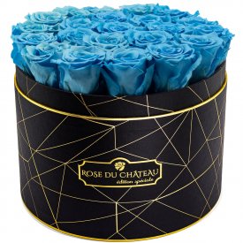 Azurblaue Ewige Rosen in schwarzer Industrial Rosenbox Large