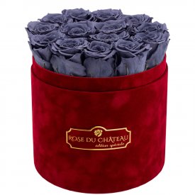 Schwarze Ewige Rosen in bordeauxroter Beflockter Rosenbox