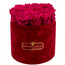 Blassrosa Ewige Rosen in bordeauxroter Beflockter Rosenbox