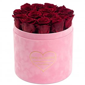 Rote Ewige Rosen in Rosafarbener Beflockter Rosenbox - LOVE EDITION