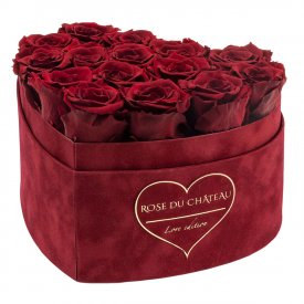 Rote Ewige Rosen in Rosafarbener Beflockter Herzbox - LOVE EDITION