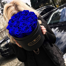 Blaue Ewige Rosen in schwarzer Rundbox