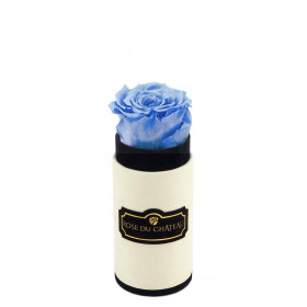 Azurblaue Ewige Rose in weißer marmorierter Mini Rundbox