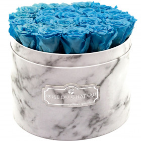 Azurblaue Ewige Rosen in weißer marmorierter Rundbox Large