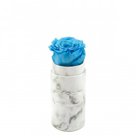Azurblaue Ewige Rose in weißer marmorierter Mini Rundbox