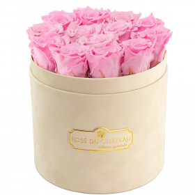 Zartrosafarbene Ewige Rosen in beigefarbiger Beflockter Rosenbox