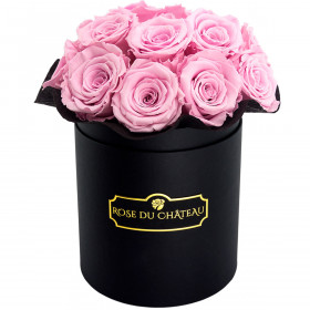 Zartrosafarbene Ewige Rosen Bouquet in schwarzer Rosenbox